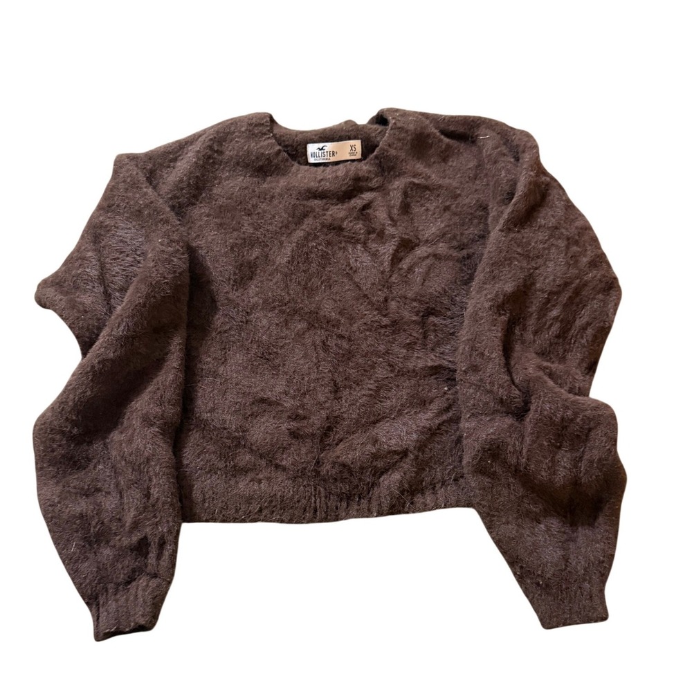 Hollister Womens XS Brown Fuzzy Eyelash Knit Crewneck Cropped Sweater Pullover
